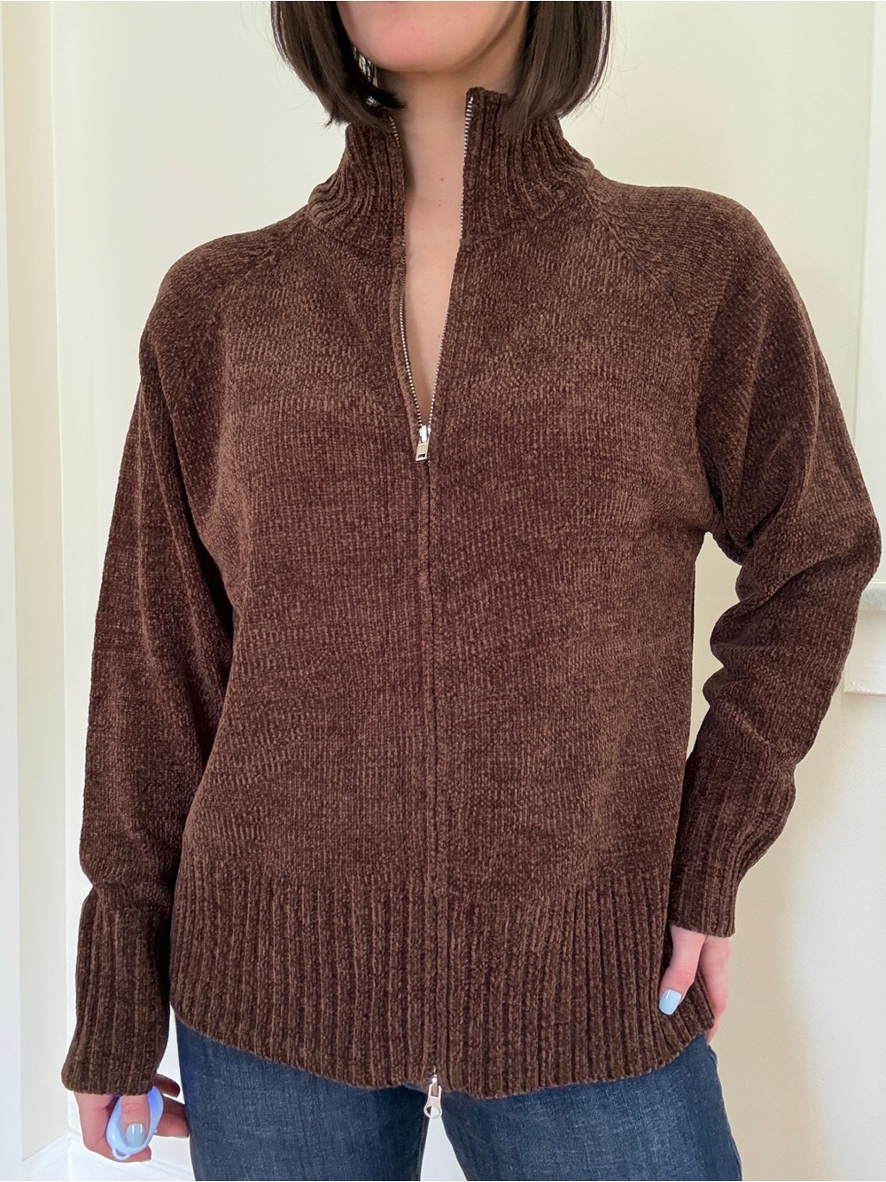 Vintage Denim & Co Dark Brown Chenille Zip Up Sweater L